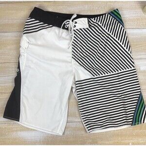 Volcom Mod Tech Mens Board Shorts Sz 34 White & Black Stripe Zip Fly Embroidered